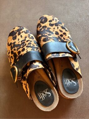 Sofft Leopard Print Slip-On Mules with Black Strap and Gold Buckle